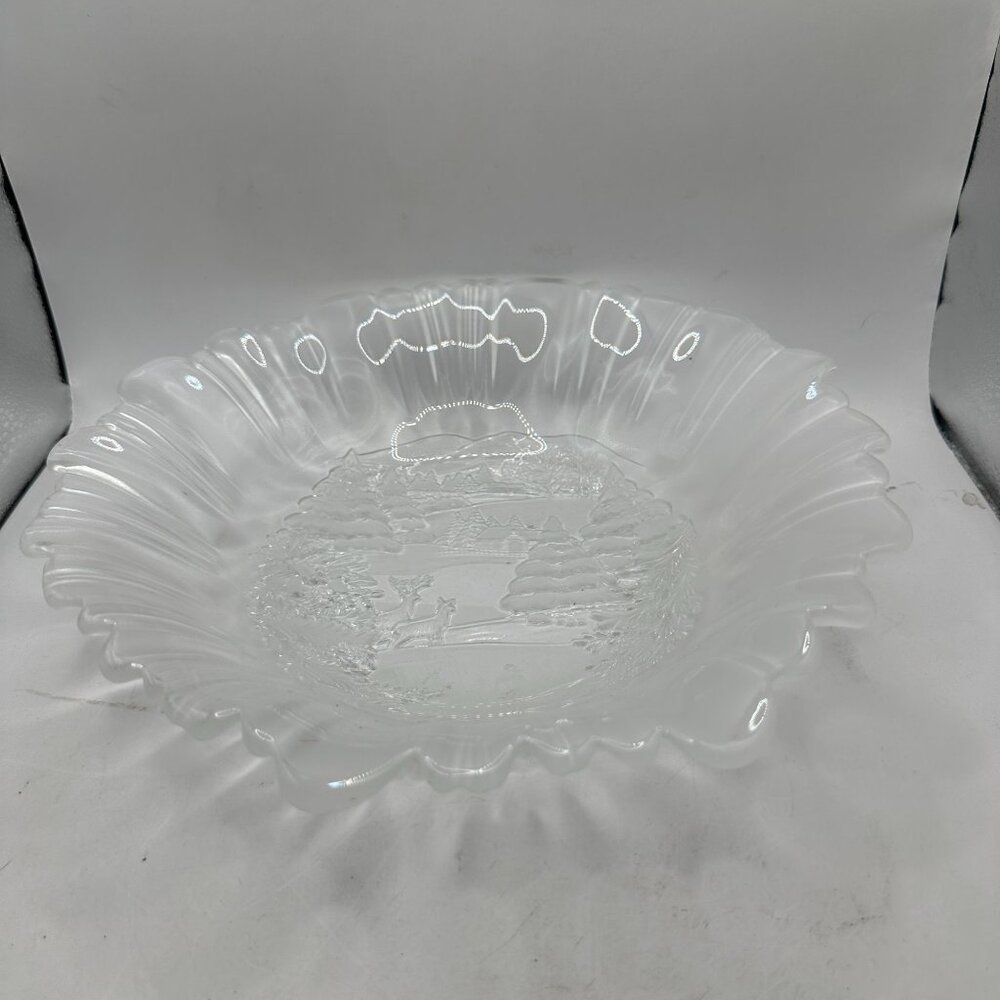 Mikasa Crystal Serving Bowl Winter Dreams Satin Frosted Glass Etched Scene VNTG